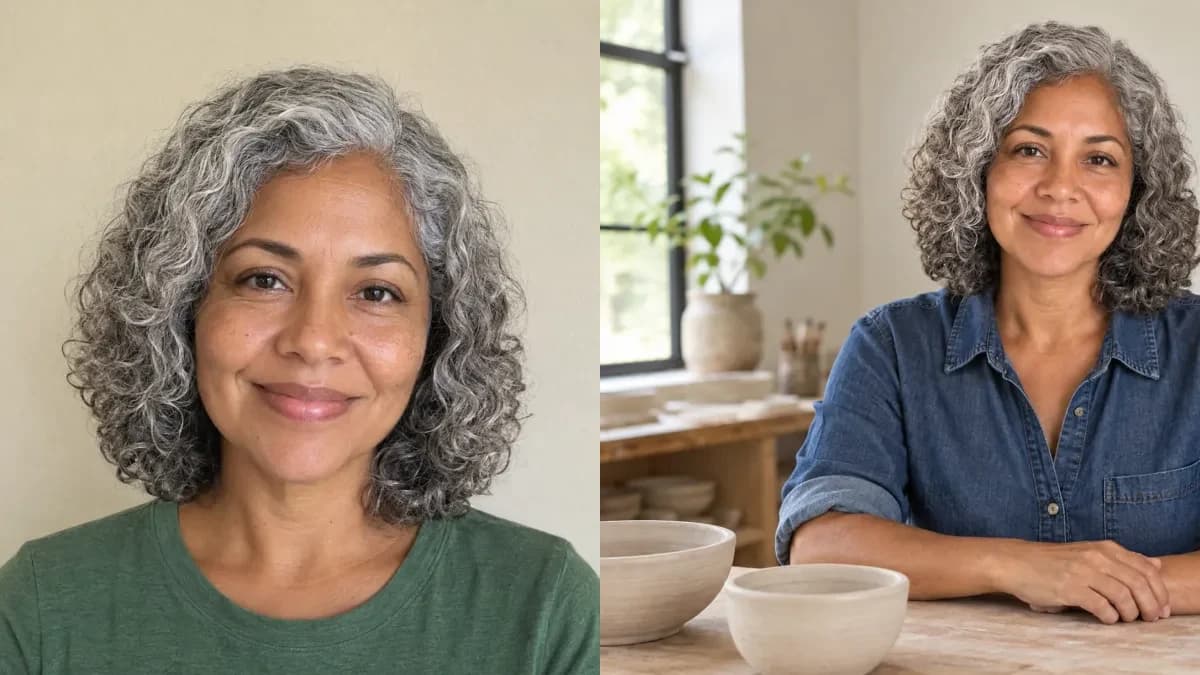 Comparație alăturată: portret de referință sintetic și portret peisaj al unei femei fictive cu păr argintiu, în cămașă din denim indigo, la masa unui atelier de ceramică.