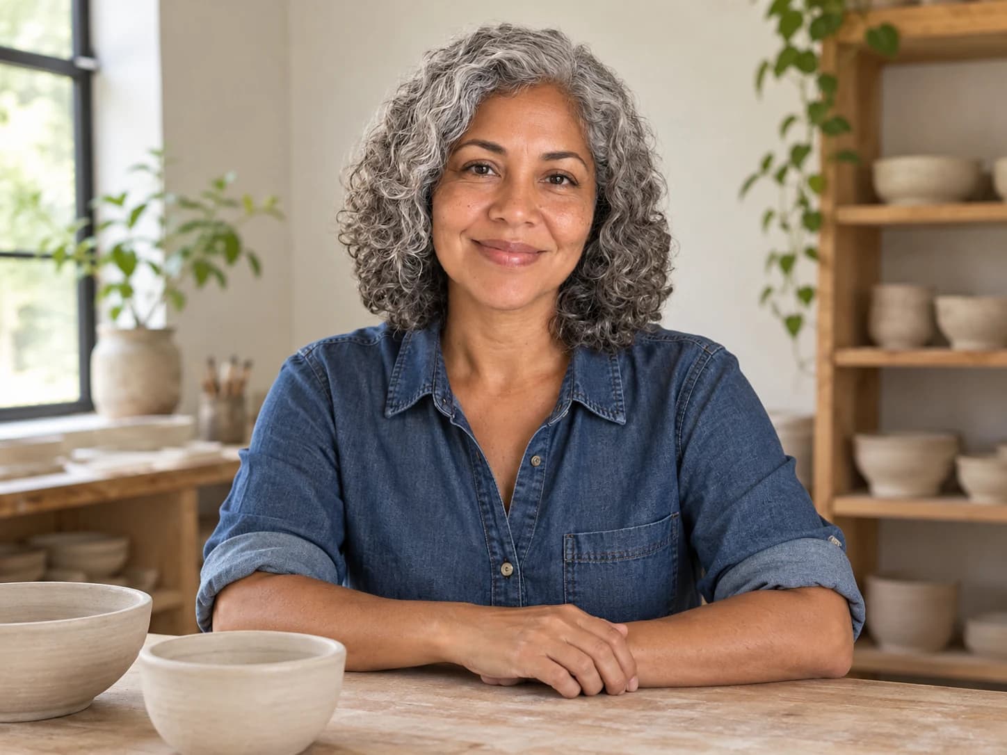 Portret peisaj 4:3 generat cu AI al aceleiași femei fictive, în cămașă din denim indigo, la o masă cu boluri într-un atelier de ceramică.
