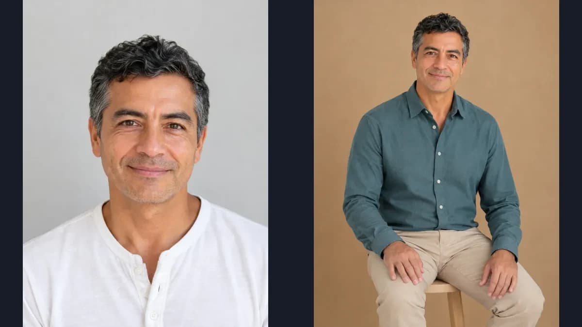 Un portret în henley alb și unul așezat în cămașă turcoaz stins și pantaloni bej, pe un taburet de lemn, cu fiecare mână sprijinită separat pe coapsă, într-un studio cu fundal cafeniu.