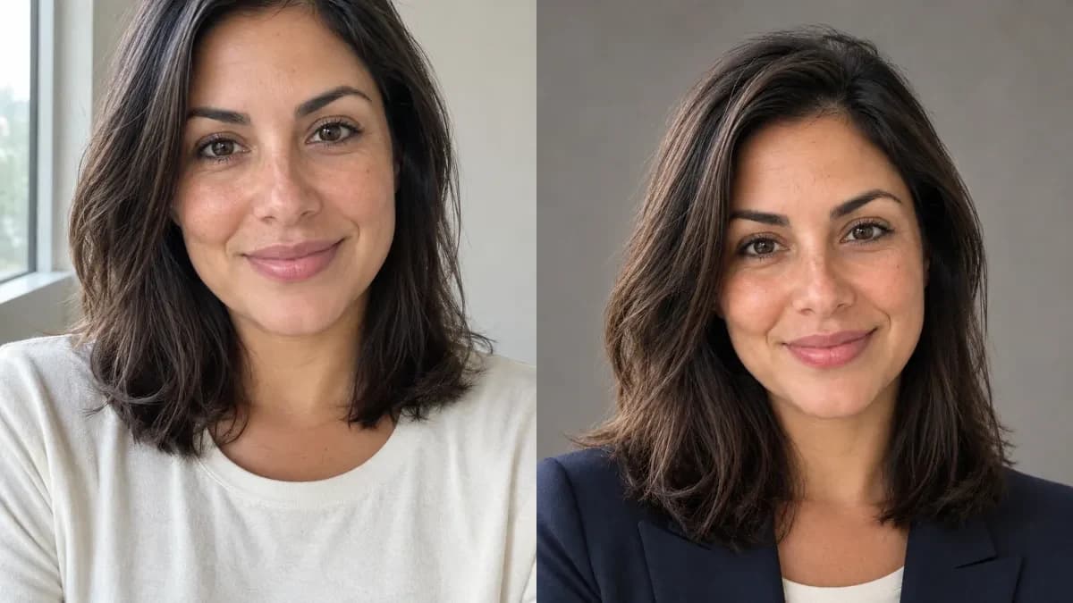 Fotografie de referință generată cu AI și portret profesional nou, generat în studio, ale aceluiași adult fictiv